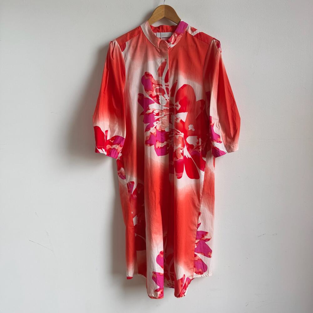 NWT NOEN Orange Floral Cotton Shirt Dress with Mandarin Collar